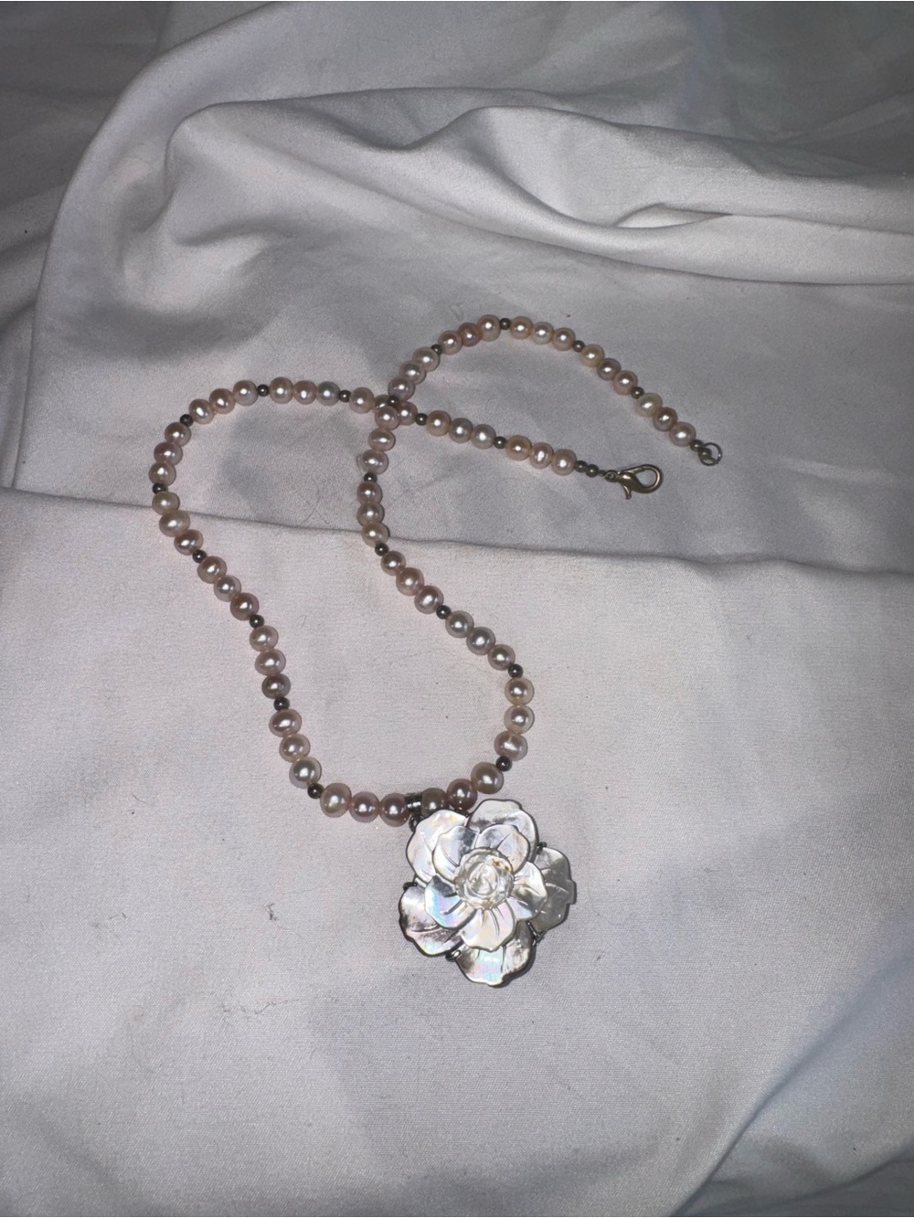 Pearl Beaded Necklace with MOP rose carved pendant
